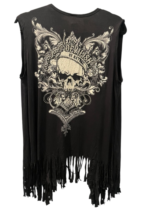 Devilish by Nature Jackets & Blazers - Devilish By Nature NWT Y2K Rhinestone Skull Fringe Vest Size 2XL/3XL Mall Goth